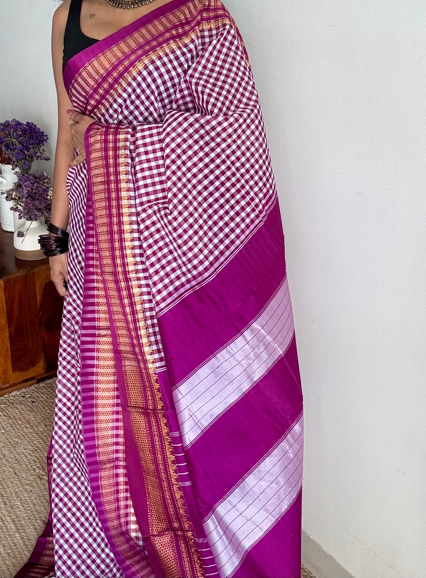 llkal purple pink and white checks with chikki paras border, soft cotton with art silk blend - YCLOKICAP226