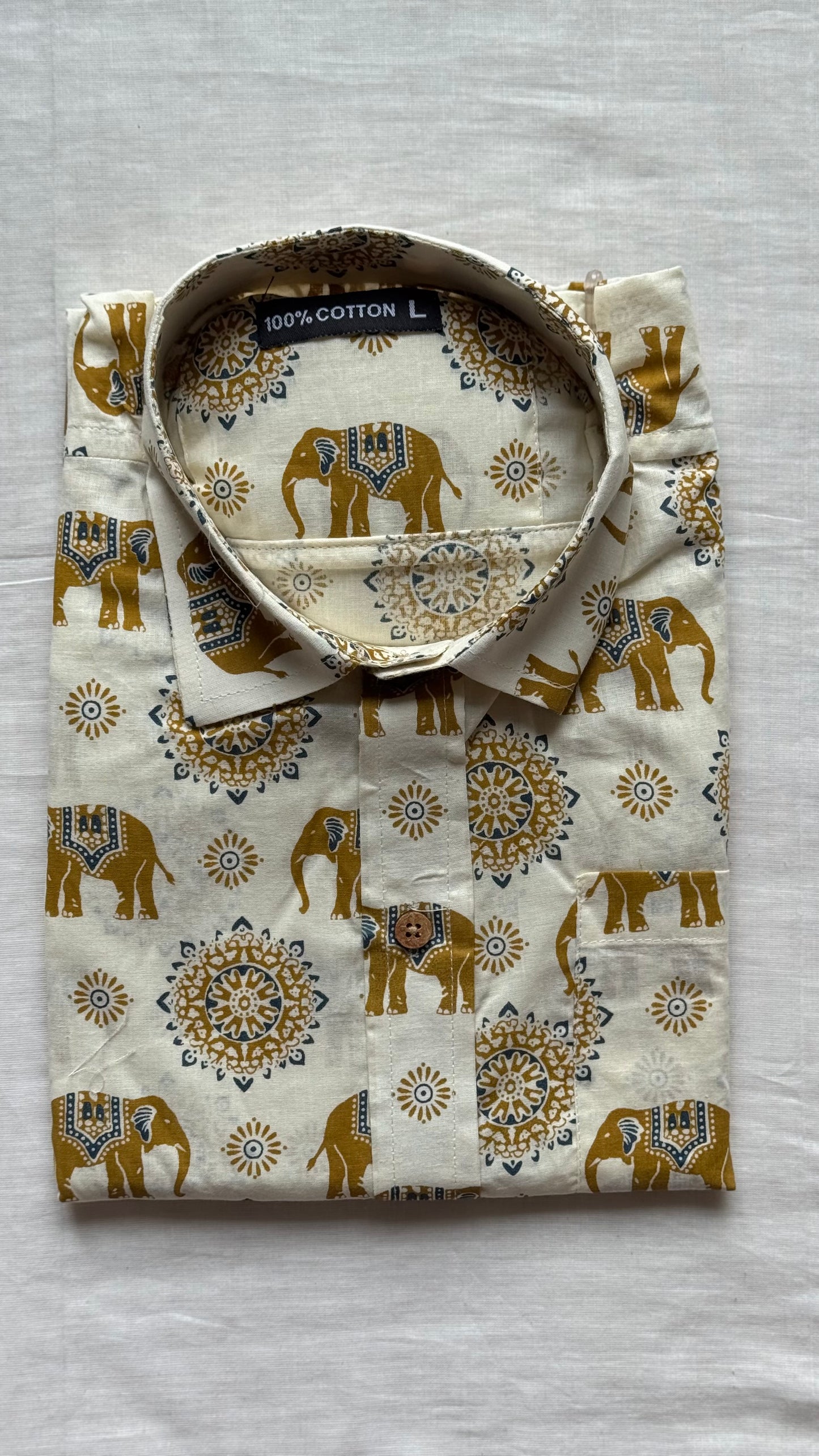 Ivory Elephant Motif Block Printed Cotton Men's Full Sleeve Collared Shirt - YCMSEIE205