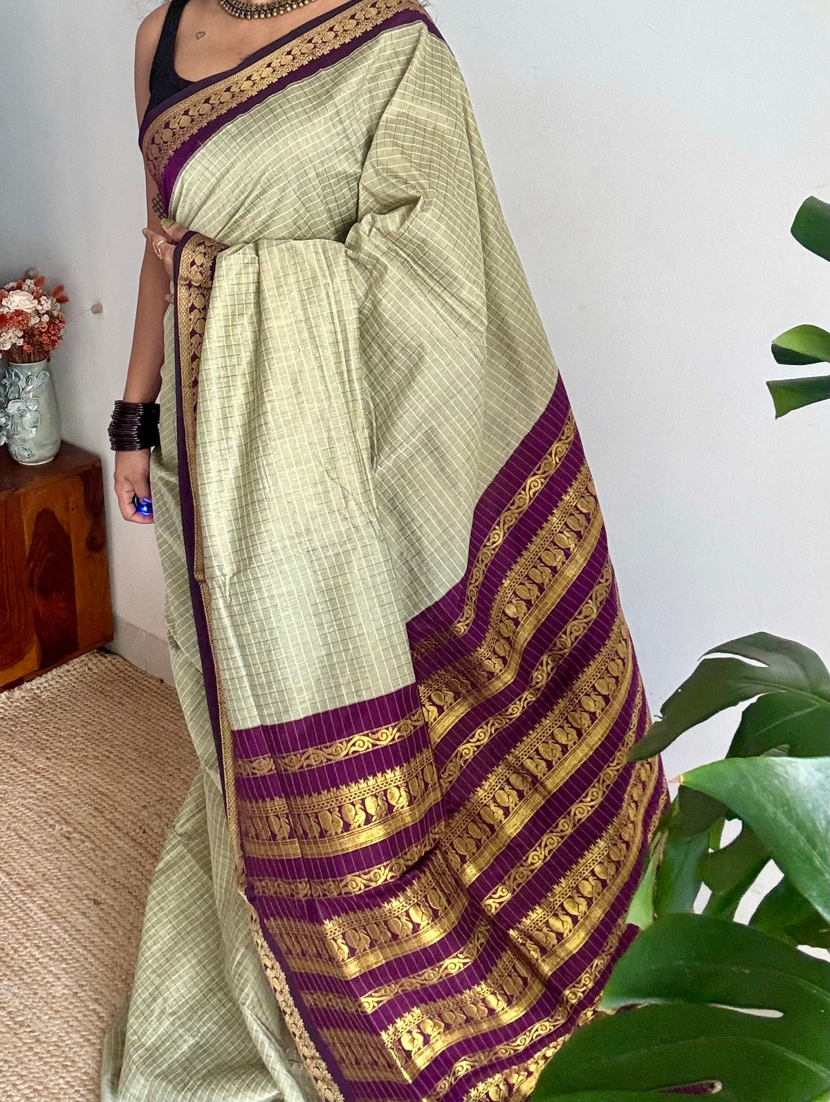 Warm grey with purple, zari checkered saree, cotton silk - YCCOTNKCOC105