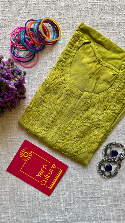 Lime green muslin chikankari with ghas patti work, stitched kurta, round neck, three fourth sleeves - YCSECK37