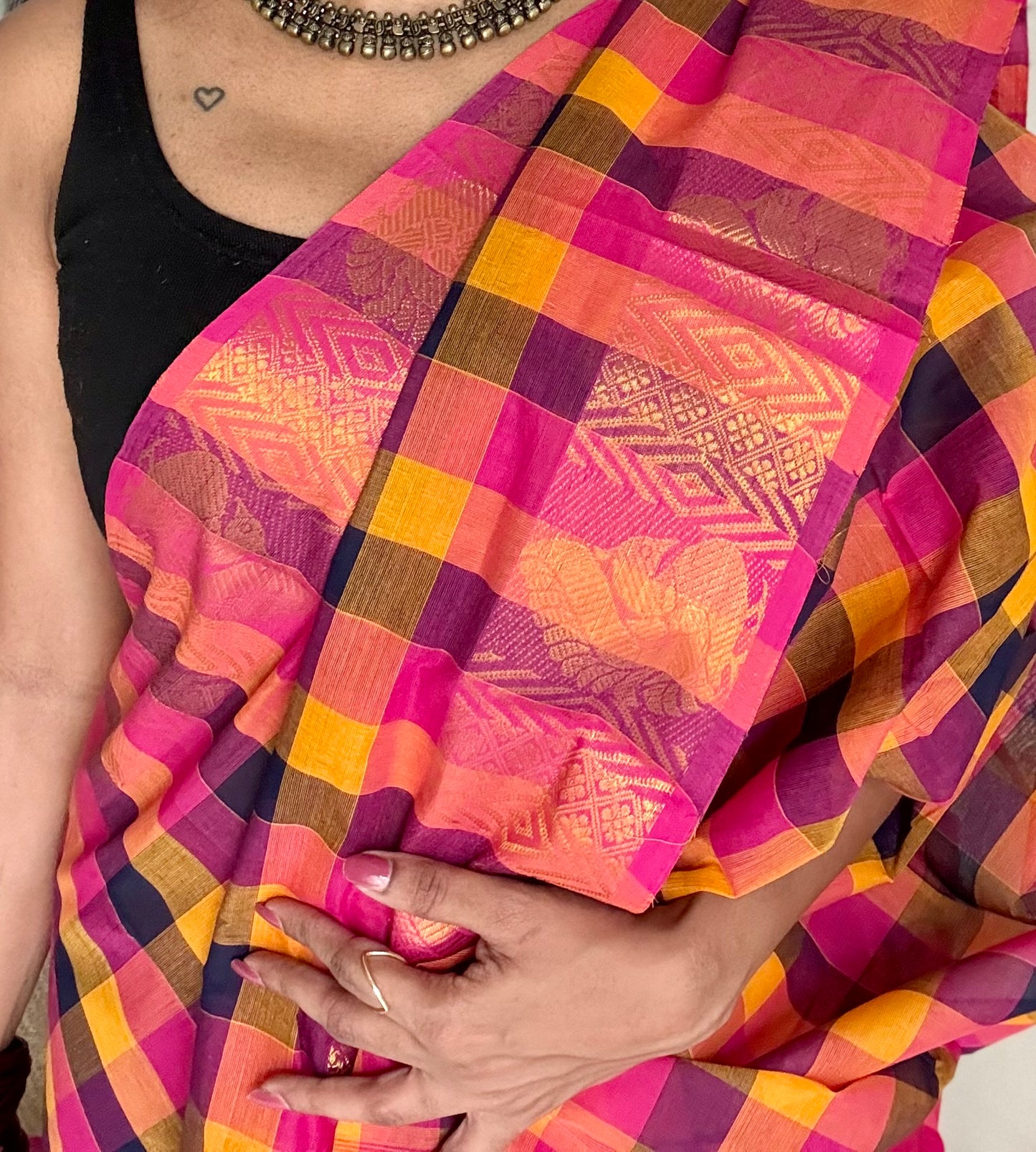 Multicolour Chettinad cotton saree with paalum pazhamum checks (hot pink, yellow, navy, orange) - YCCOTNMA281
