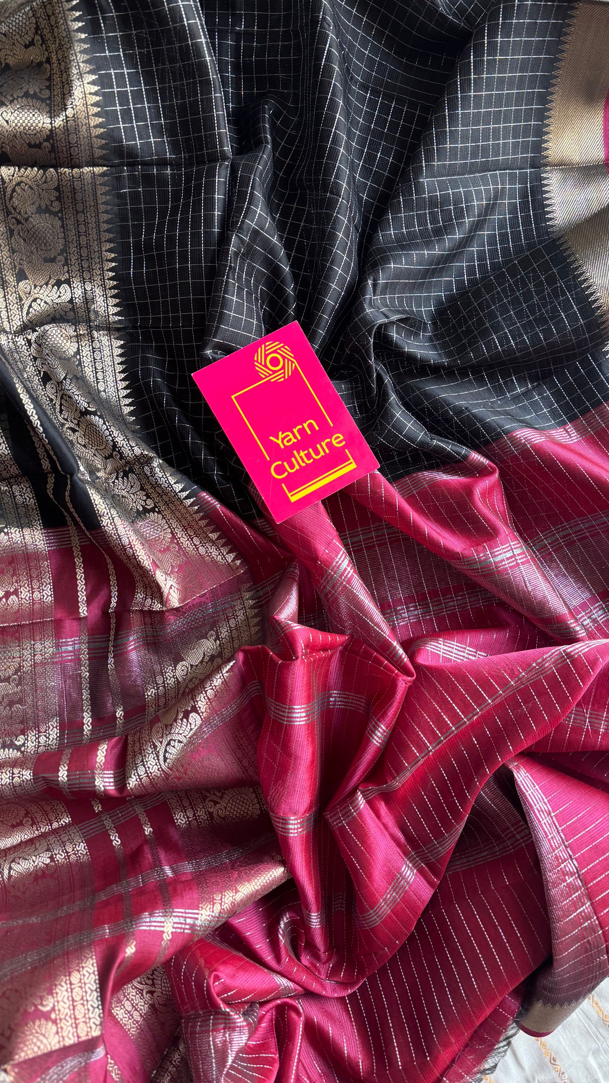 Black with dark pink silver zari checks, silver and gold peacock woven zari border, mangalgiri silk cotton, handwoven, soft, light weight - YCWOTDMSCOC123