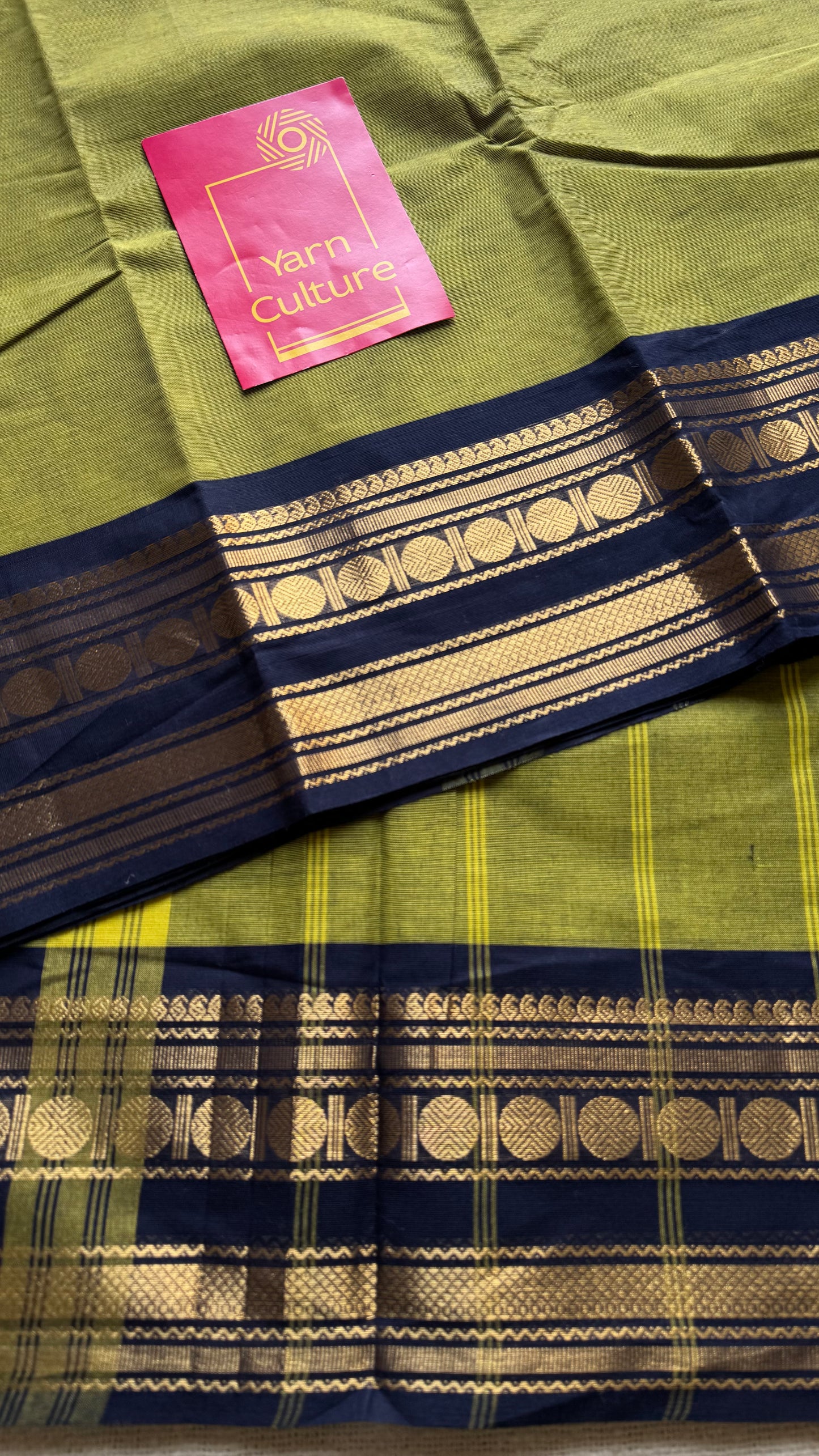 Light green with dark blue contrast border, kanchi cotton - YCCOTNKCDE85