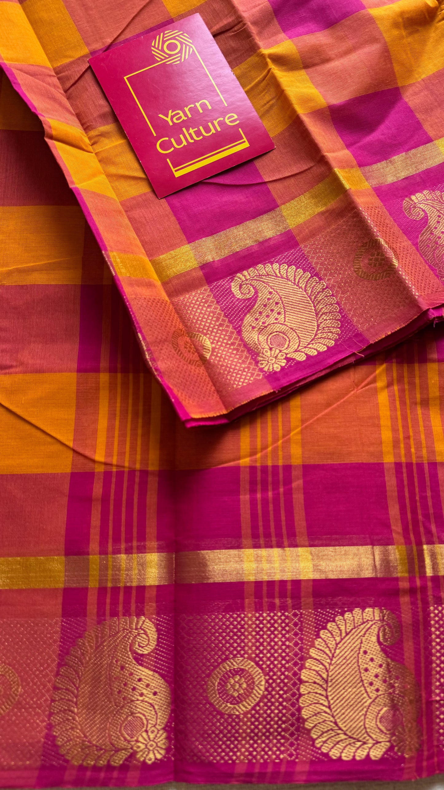 Chettinad cotton saree with yellow and pink checks, paisley motif border - YCCOTNAP66
