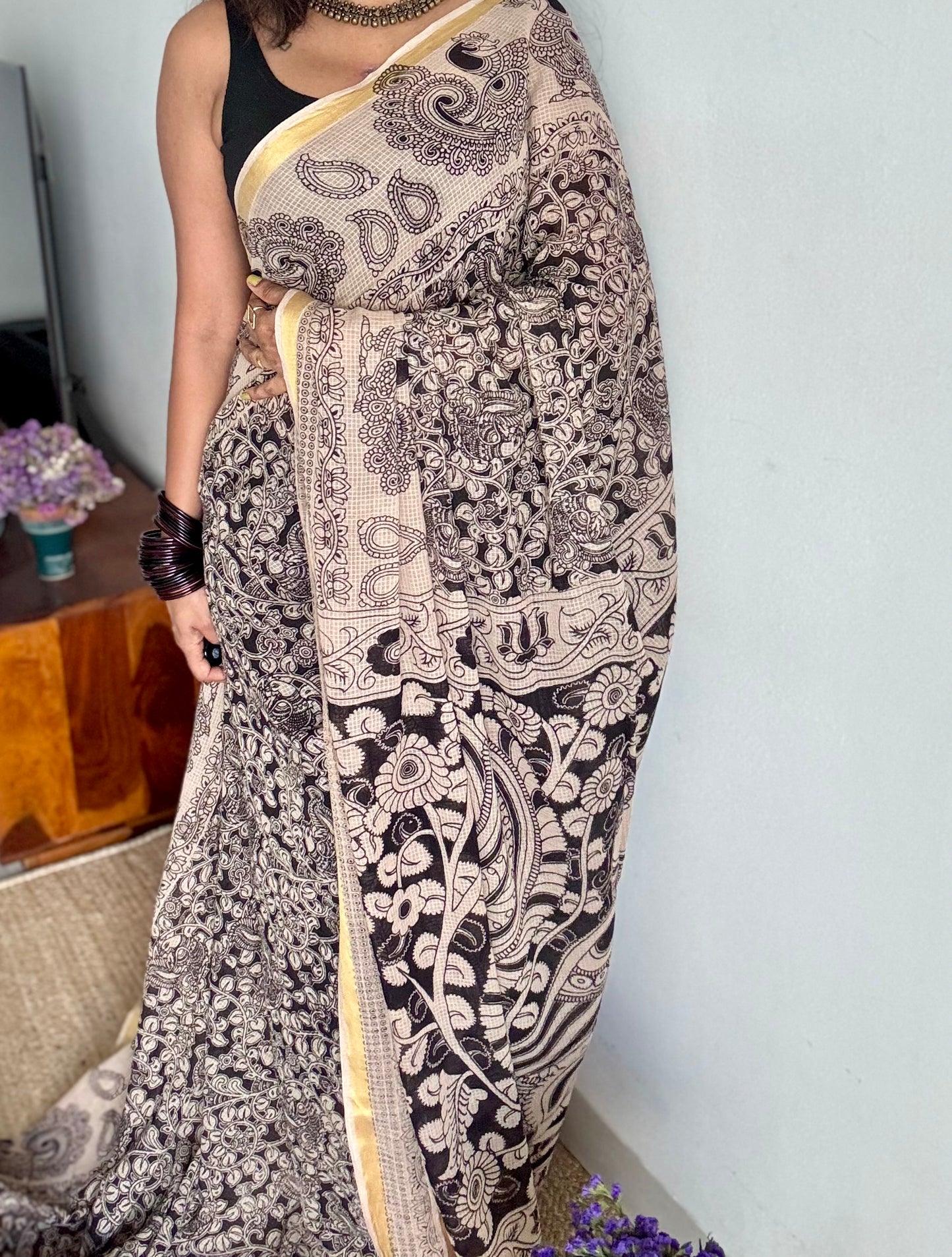 Black cream floral kalamkari saree in kota, with zari border - YCWOTDKKFE19
