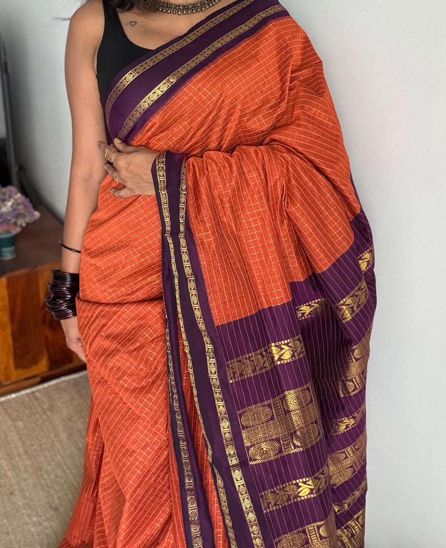 Orange with wine contrast arani checkered saree, cotton silk - YCCOTNKCFE68