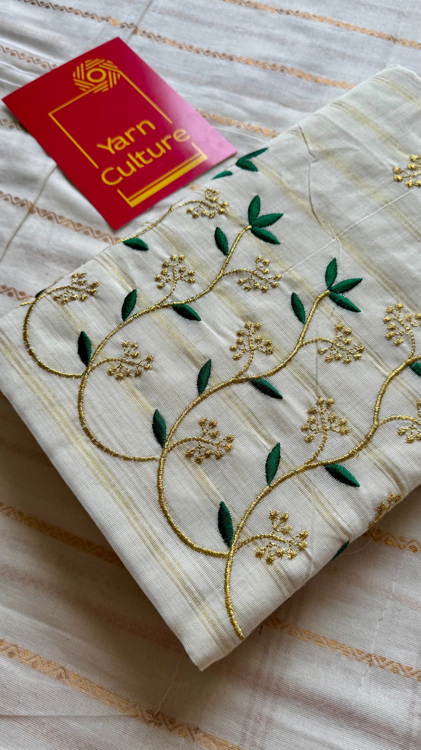 Ivory and gold soft cotton saree, dark green floral vine embroidery  - YCIEON57