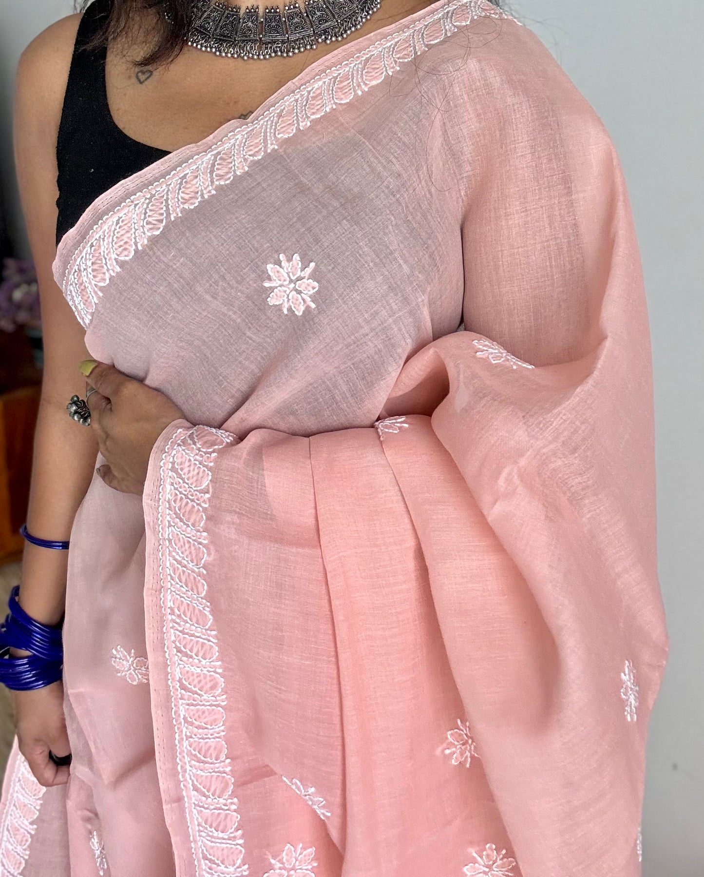 Noor - light peach hand-embroidered chikankari cotton saree - YCLCKFE426