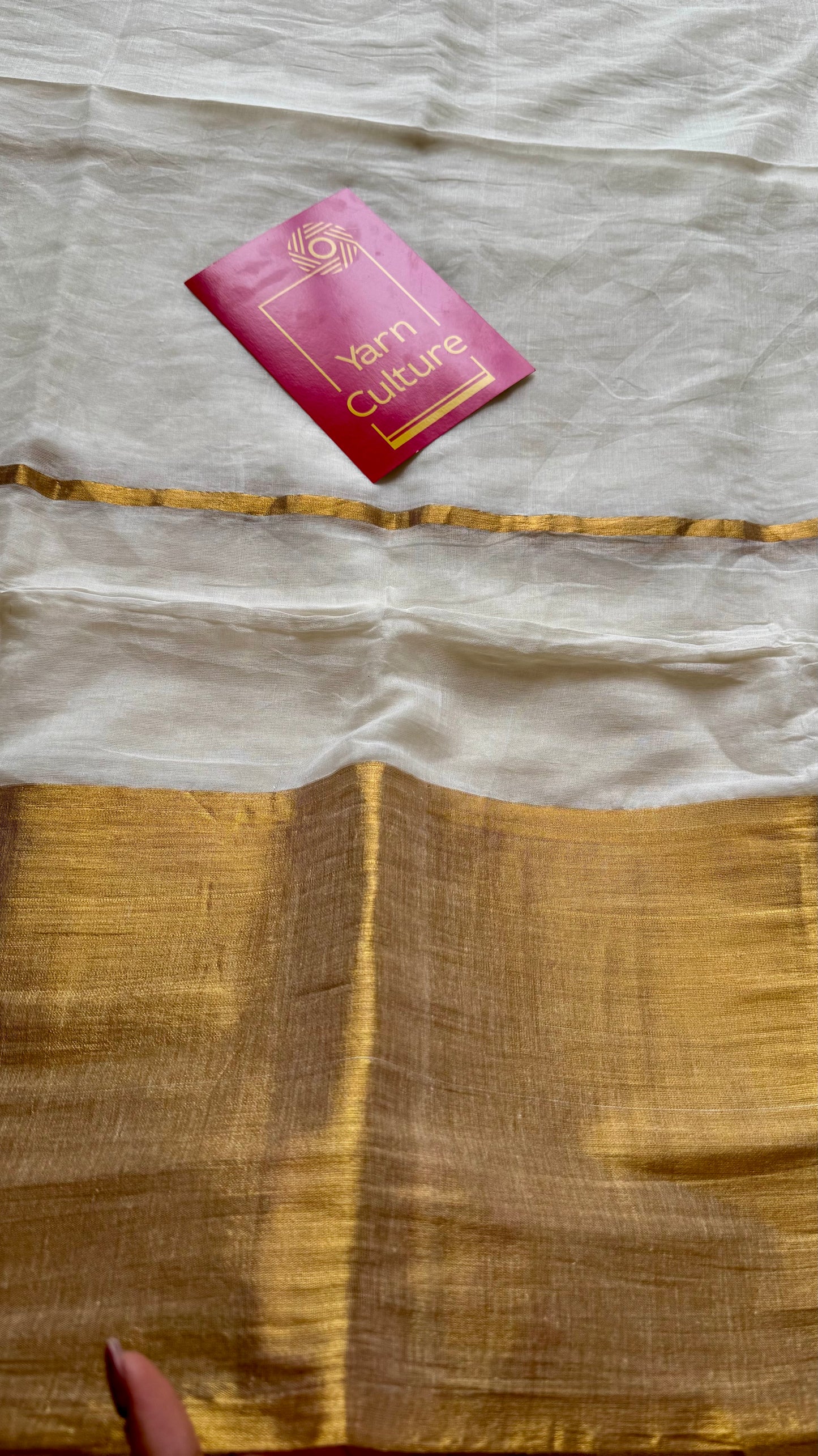Ivory mul saree, wide gold zari border - YCIEON39
