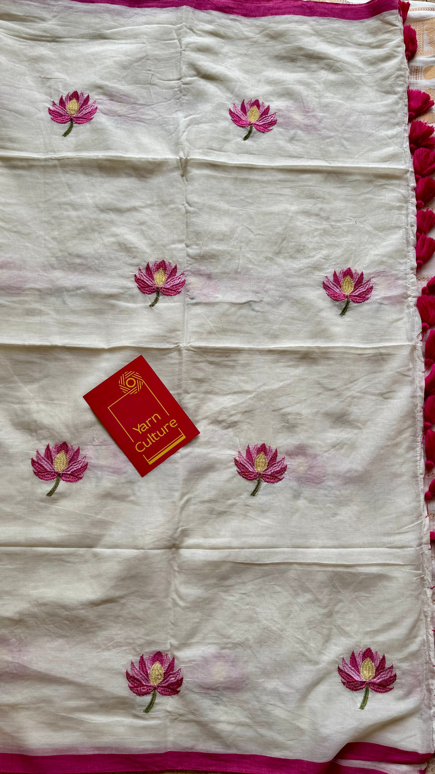 Ivory mul saree, with pink lotus embroidery - YCIEON03