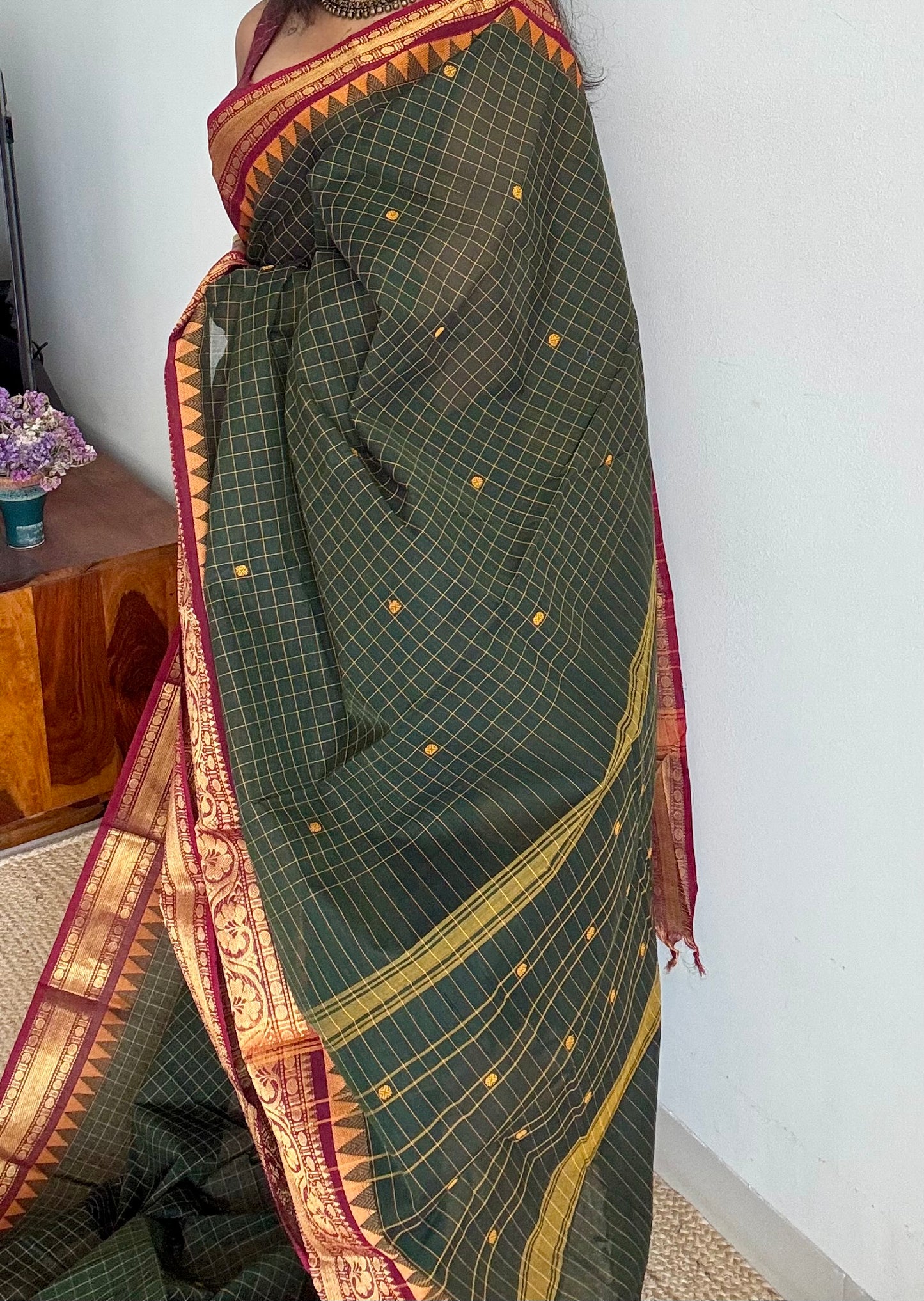 Dark green Kanchi cotton saree with checks, woven buttas and red zari border - YCCOTNCCFE161