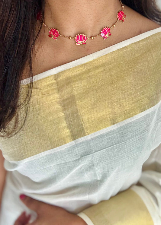 Hot pink lotus chain with earrings - YCAGC171