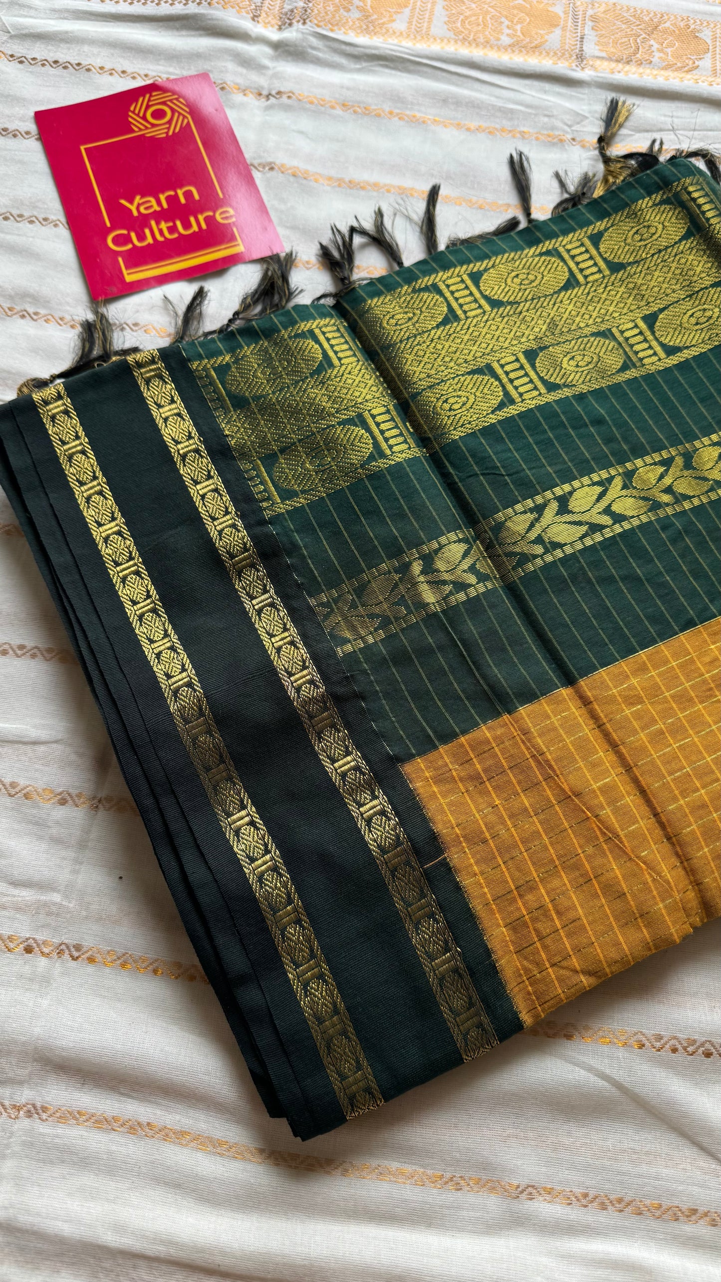 Mustard yellow with dark green contrast arani checkered saree, cotton silk - YCCOTNAUG12