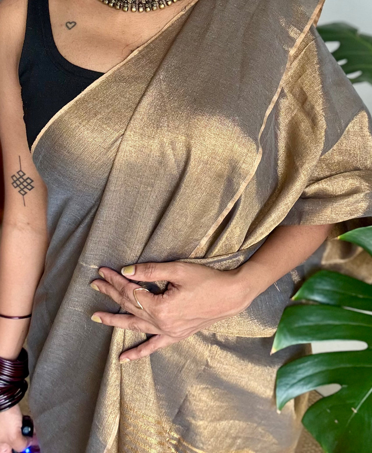 Bronze with gold, dual tone metallic tissue linen saree - YCBCLTOC61