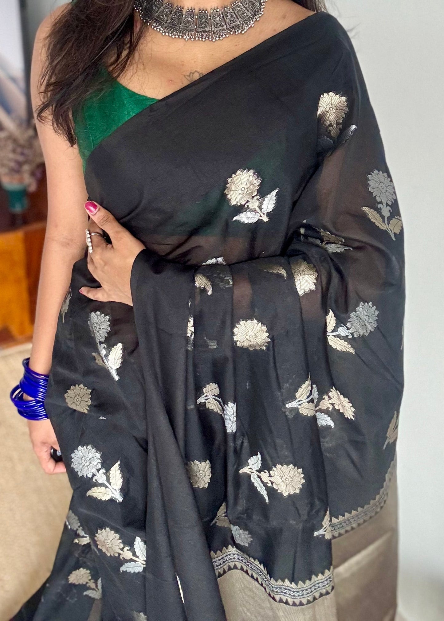 Black with gold and silver floral buttas, Banarasi semi-crepe silk - YCDESE49