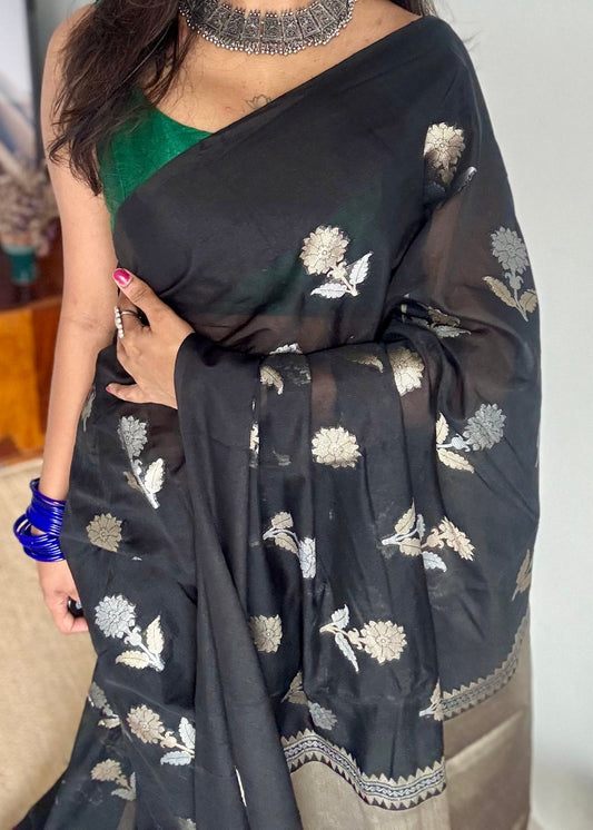 Black with gold and silver floral buttas, Banarasi semi-crepe silk - YCDESE49