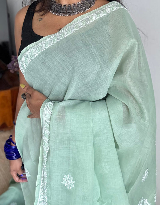 Rehmat - sage green hand-embroidered chikankari cotton saree - YCLCKFE422