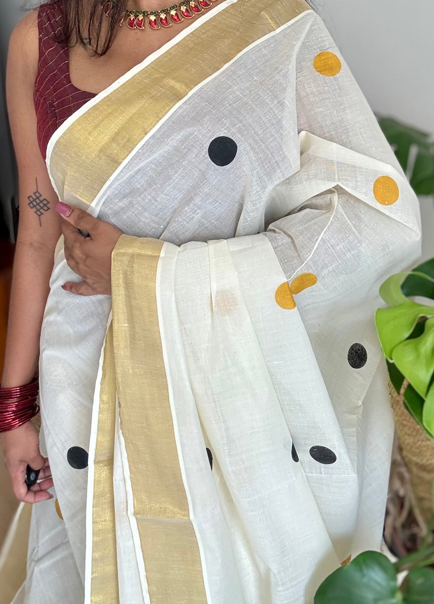 Ivory and gold soft cotton kasavu saree, black and yellow polka - YCIEON72
