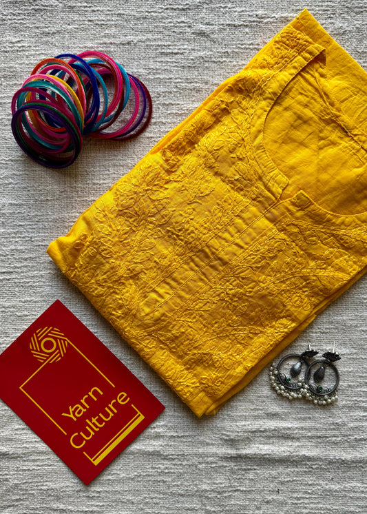 Yellow muslin chanderi chikankari with bakhiya work, stitched kurta, round neck, three fourth sleeves - YCSECKJA160