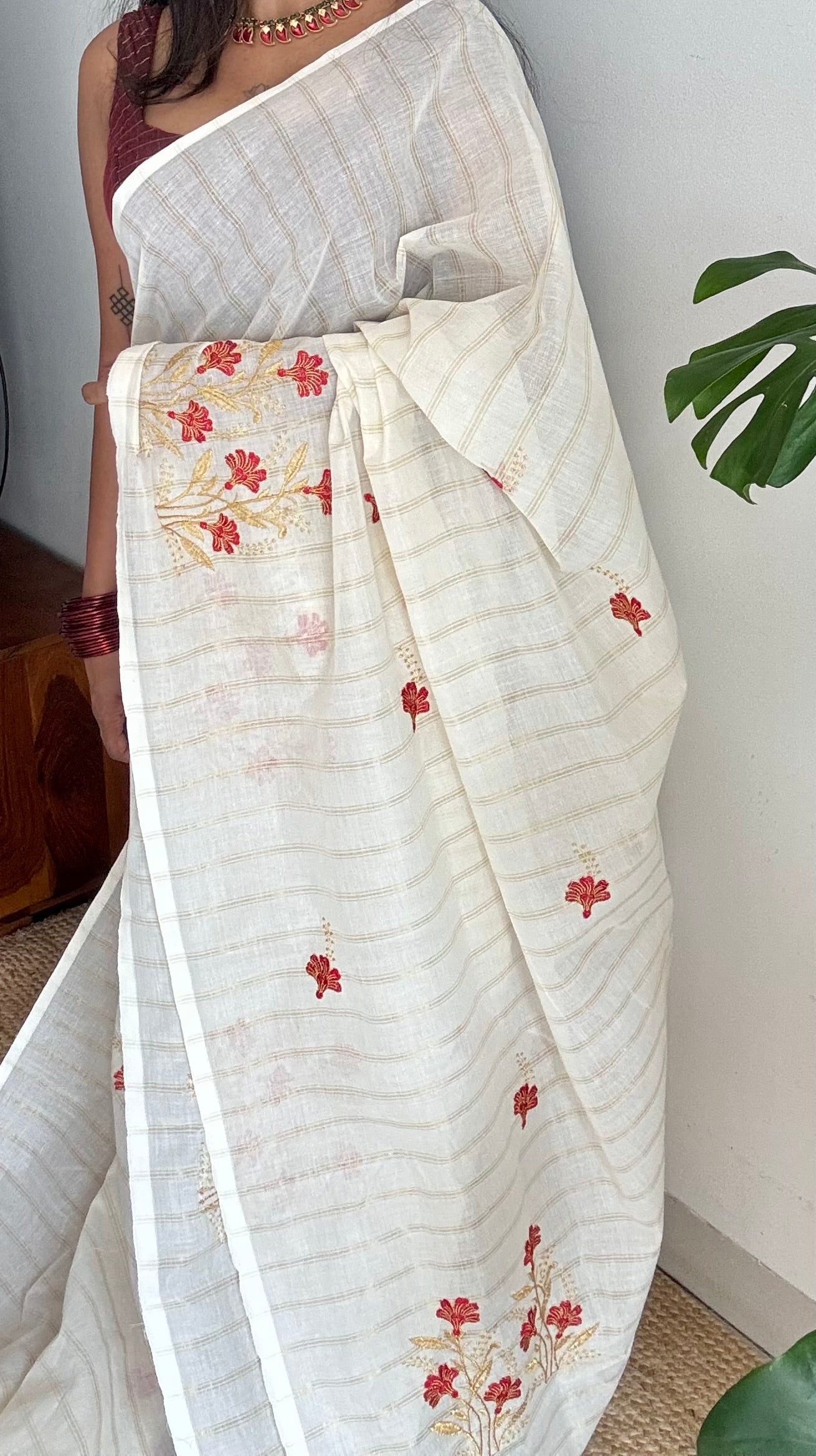 Ivory and gold soft cotton saree, red floral embroidery  - YCIEON52