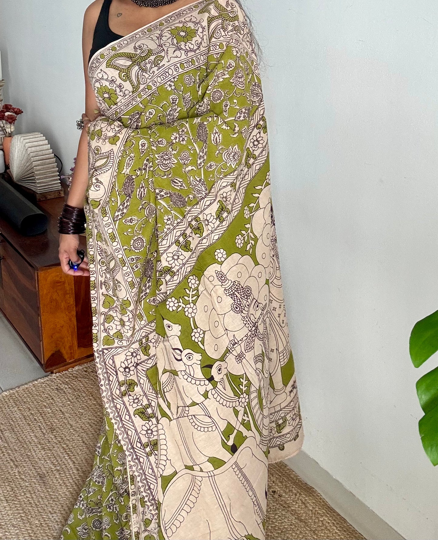 Light green kalamkari saree, floral vines, soft cotton - YCWOTDMA345