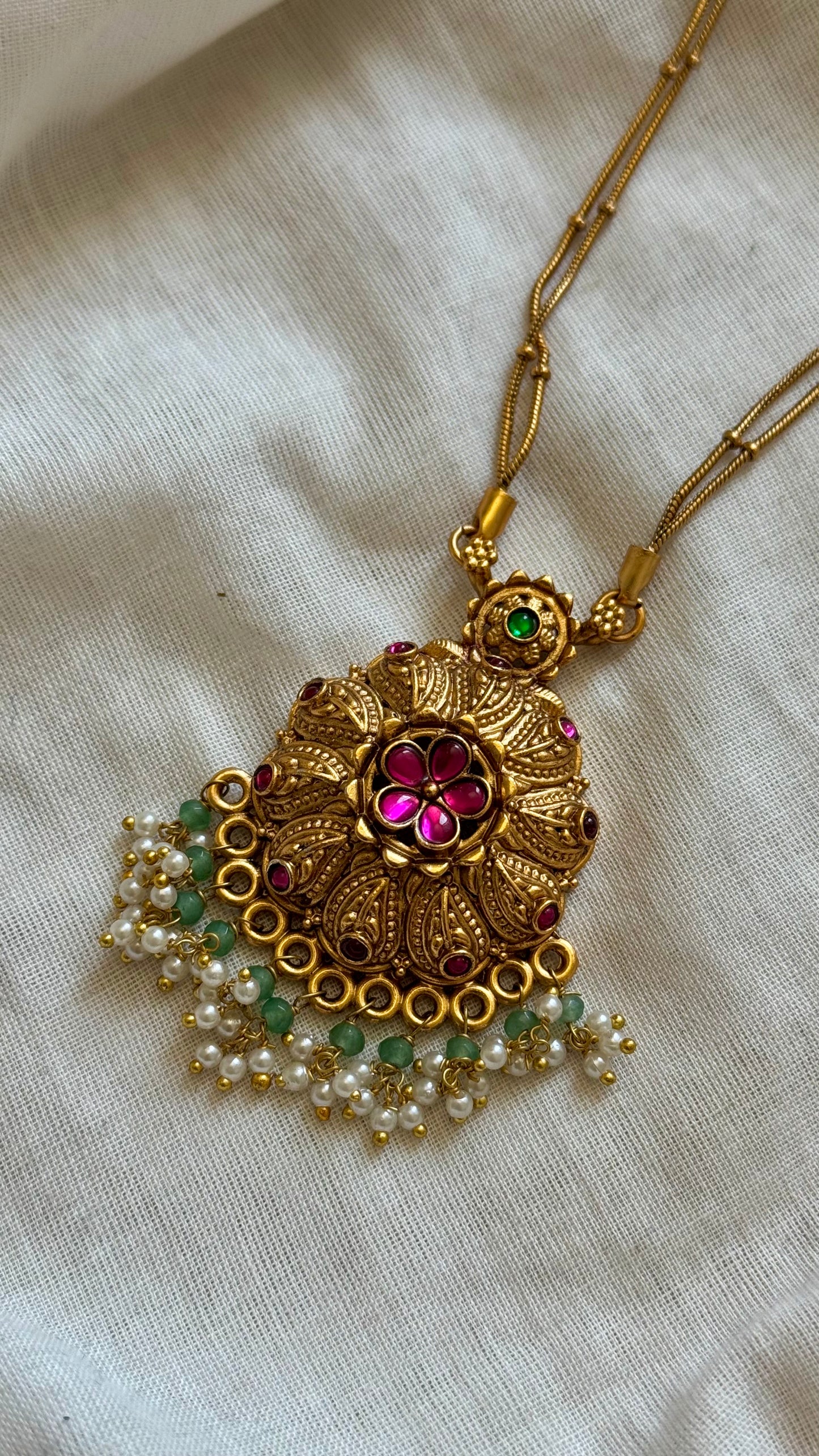 Floral ruby green pendant chain neckpiece with earrings - YCGPNP668