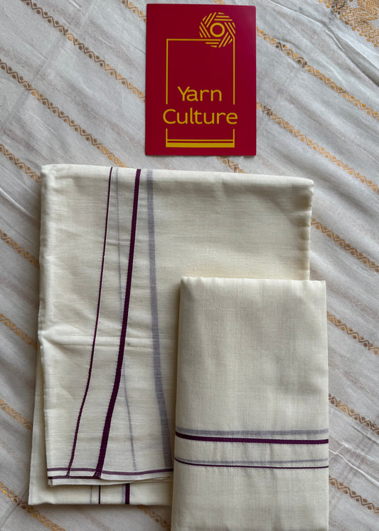 Set mund, kambikkara (thin border) with wine coloured lines - YCIEON130