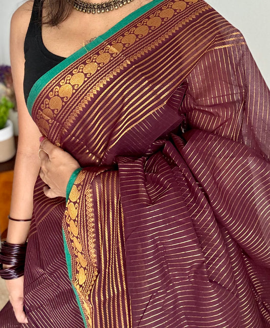Kanchi cotton saree, brownish maroon with gold stripes, paisley border - YCCOTNAP93