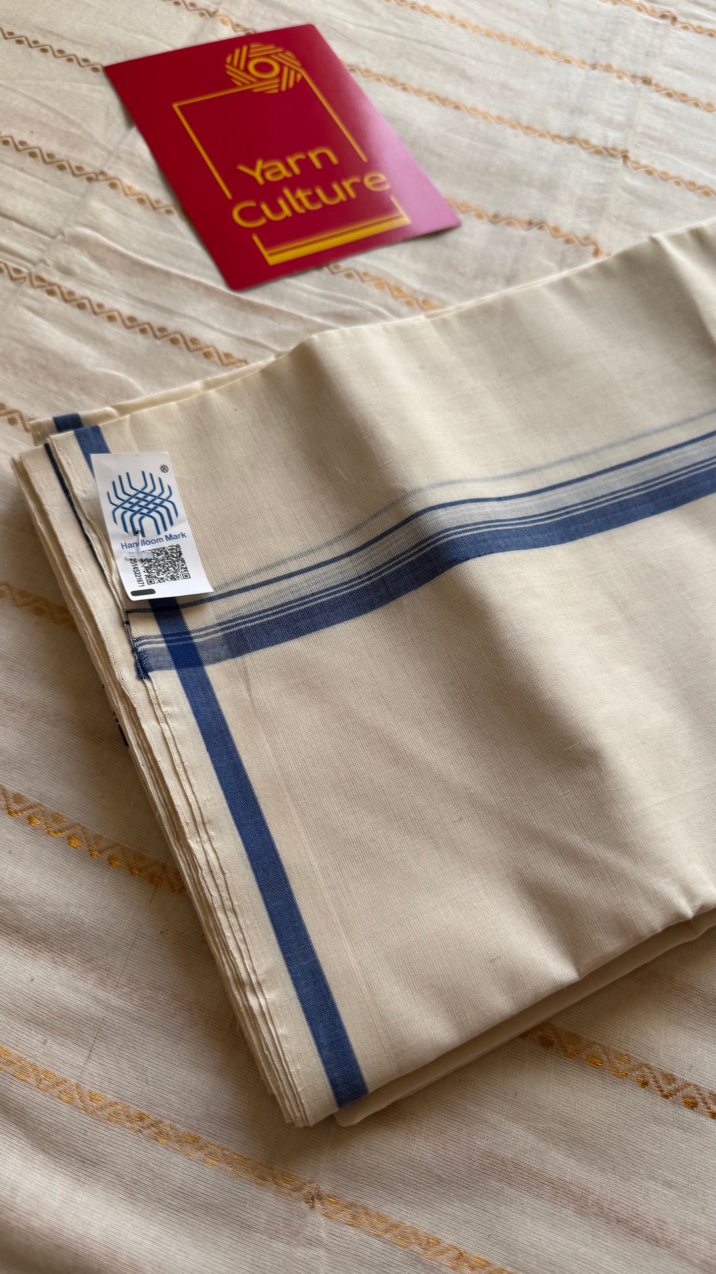 Ivory Chendamangalam Handloom Double Mundu with Blue Kara | Soft Cotton Men's Dhoti - YCMSEIE176