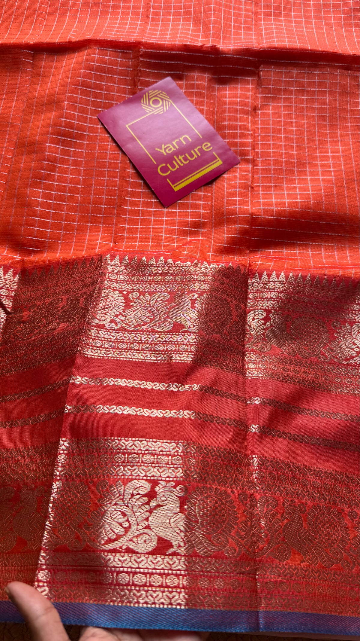 Orange with blue silver zari checks, silver and gold peacock woven zari border, mangalgiri silk cotton, handwoven, soft, light weight - YCWOTDMSCOC122