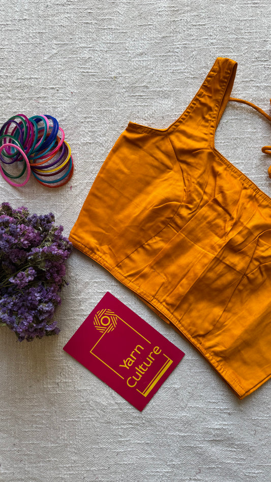 Mustard yellow sleeveless cotton silk stitched blouse, back open, non-padded - YCSESB75
