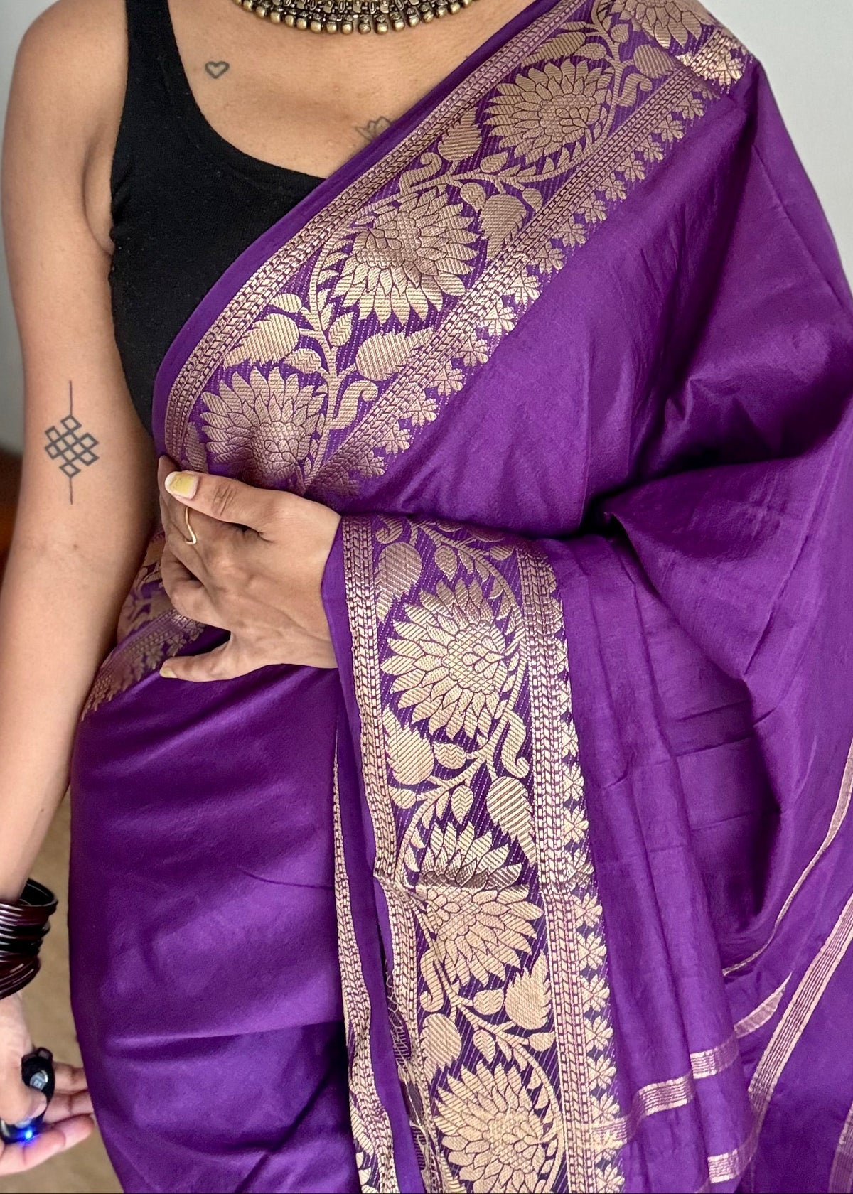Purple, semi crepe silk saree with antique gold floral border - YCLOKOC59