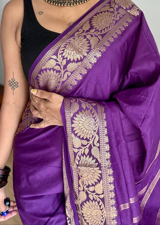Purple, semi crepe silk saree with antique gold floral border - YCLOKOC59