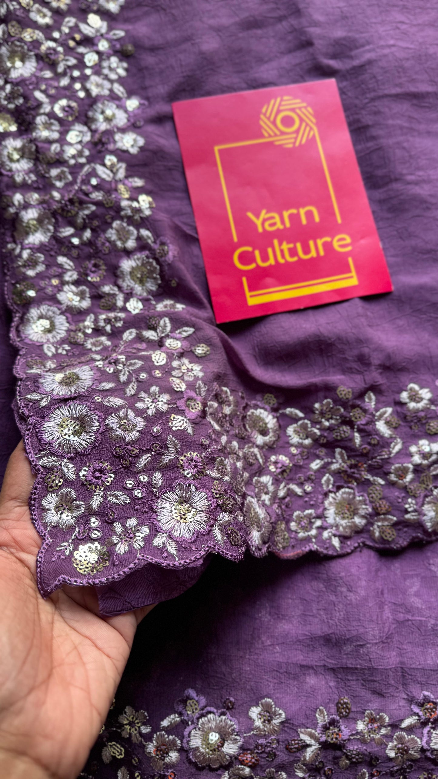 Purple Garden - dark purple with floral sequins embroidered borders, semi-crepe- YCDOSNO47