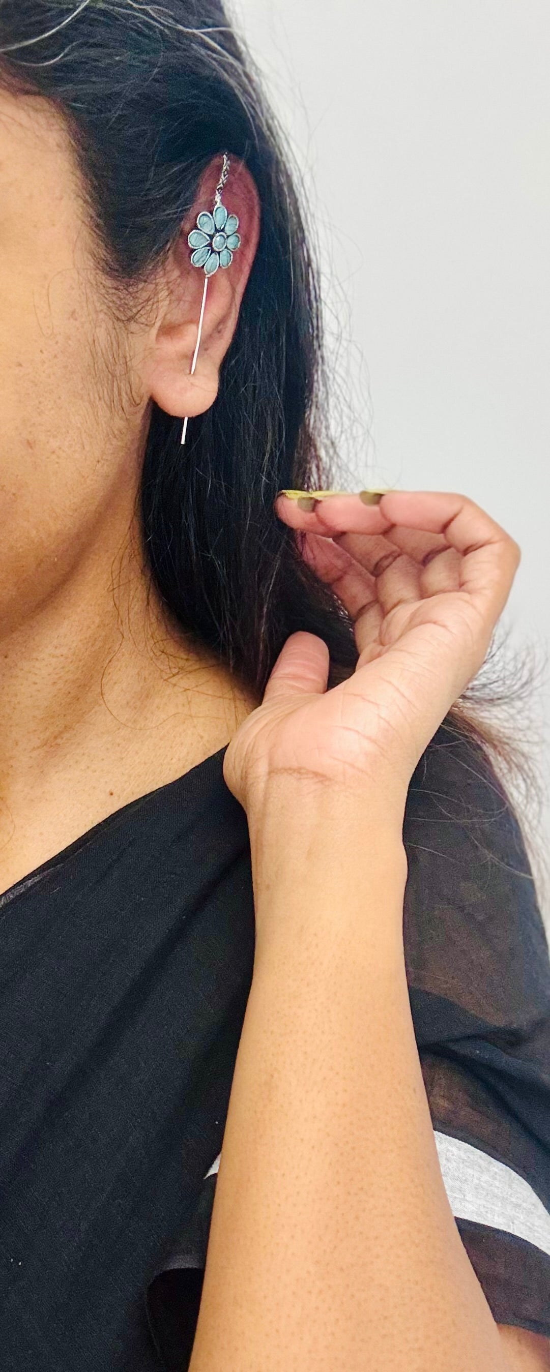 Oxidised silver, powder blue stone, floral earcuff - YCOSEEC295