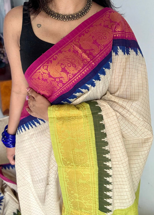Magenta - bright green sungudi cotton checks, sandal colour base, soft cotton - YCCOTNJSUN07