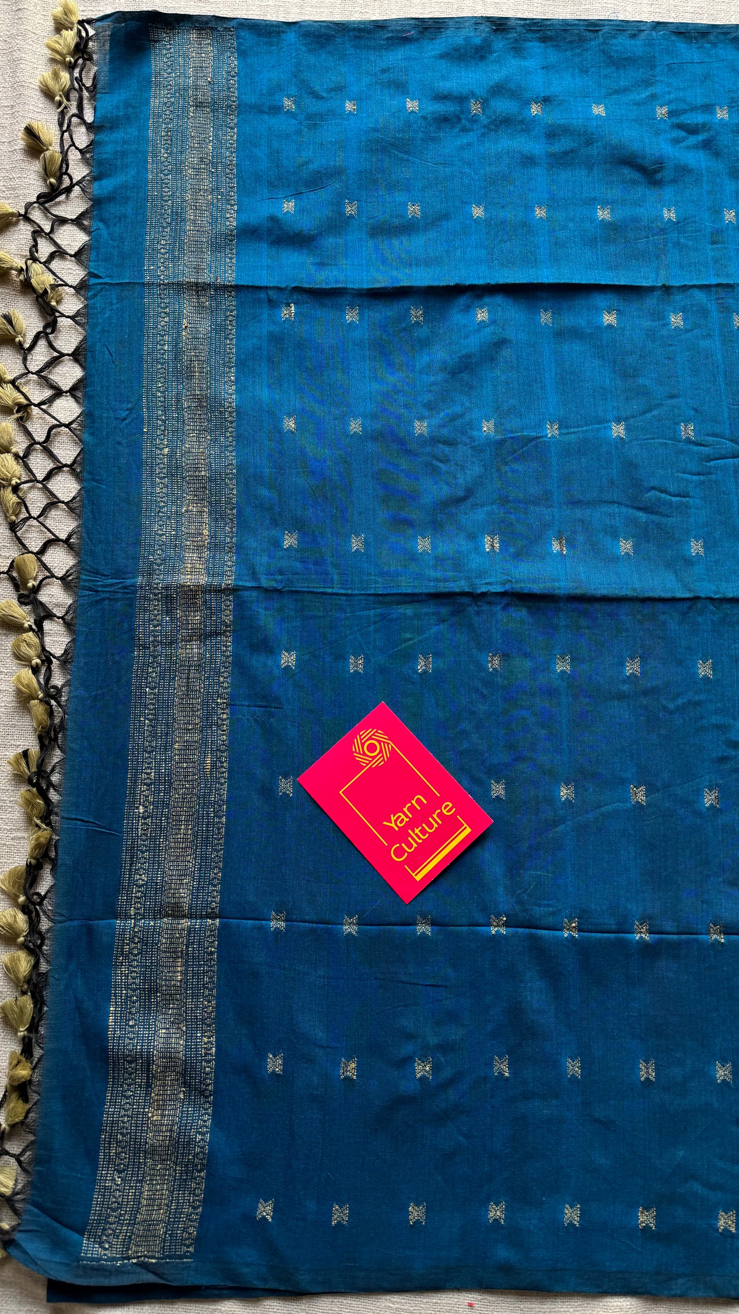 Peacock blue, bhujodi patterned soft khadi cotton saree - YCBCKCDE21