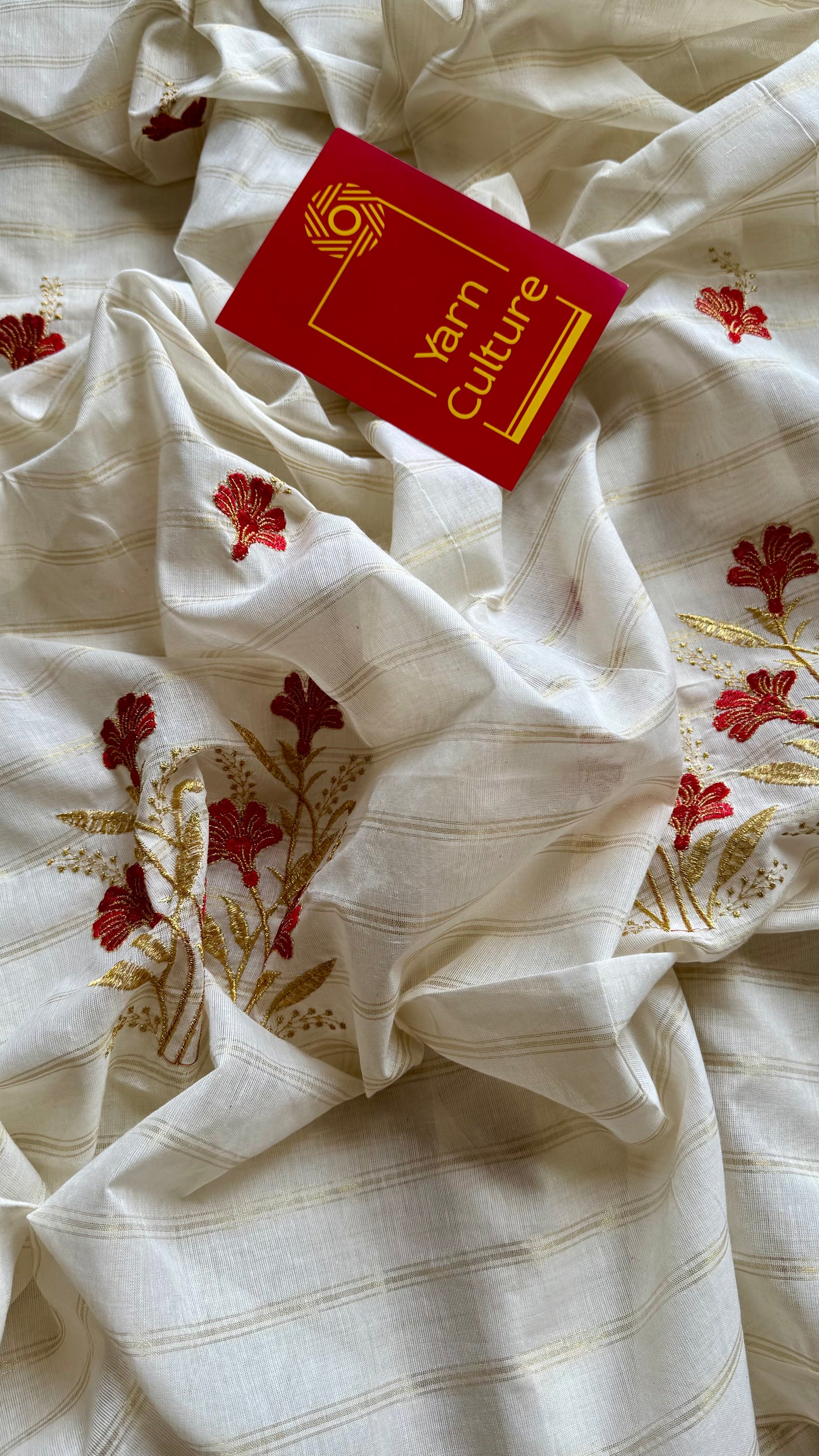 Ivory and gold soft cotton saree, red floral embroidery  - YCIEON52