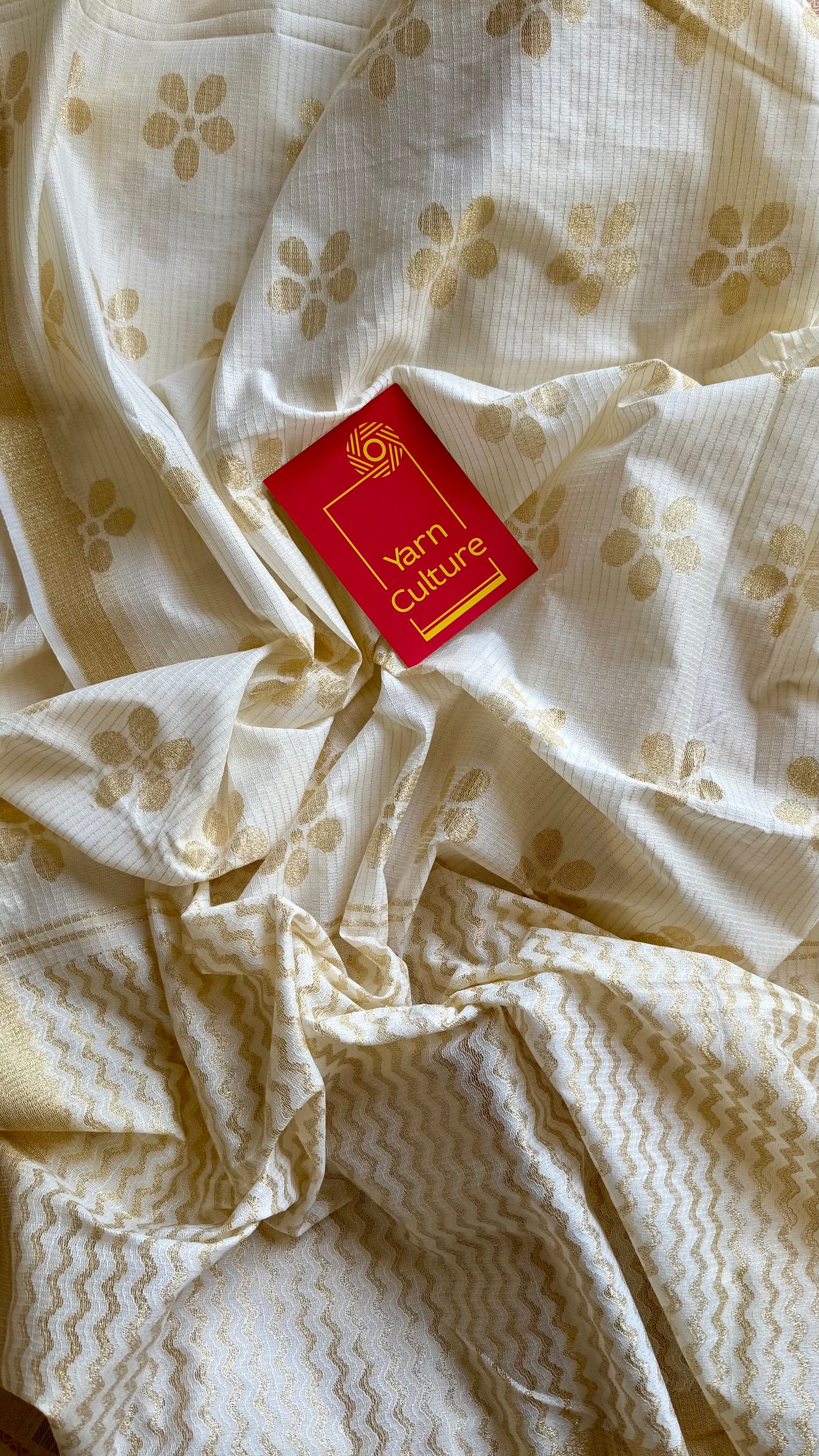 Ivory and gold soft net cotton saree, gold floral prints - YCIEON64