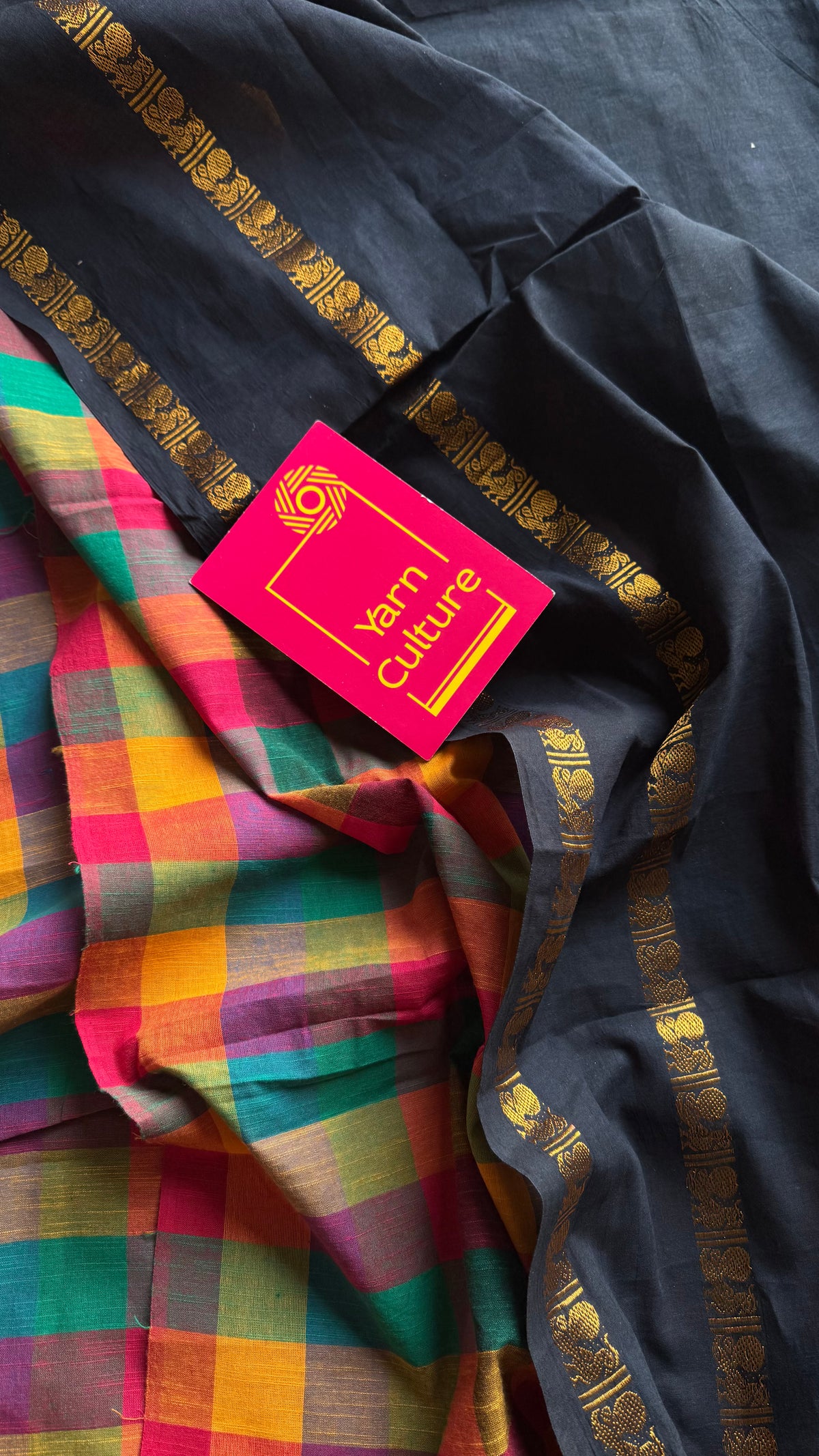 Plain black with multicoloured checks, cotton half-half saree - YCCOTNIDOC43