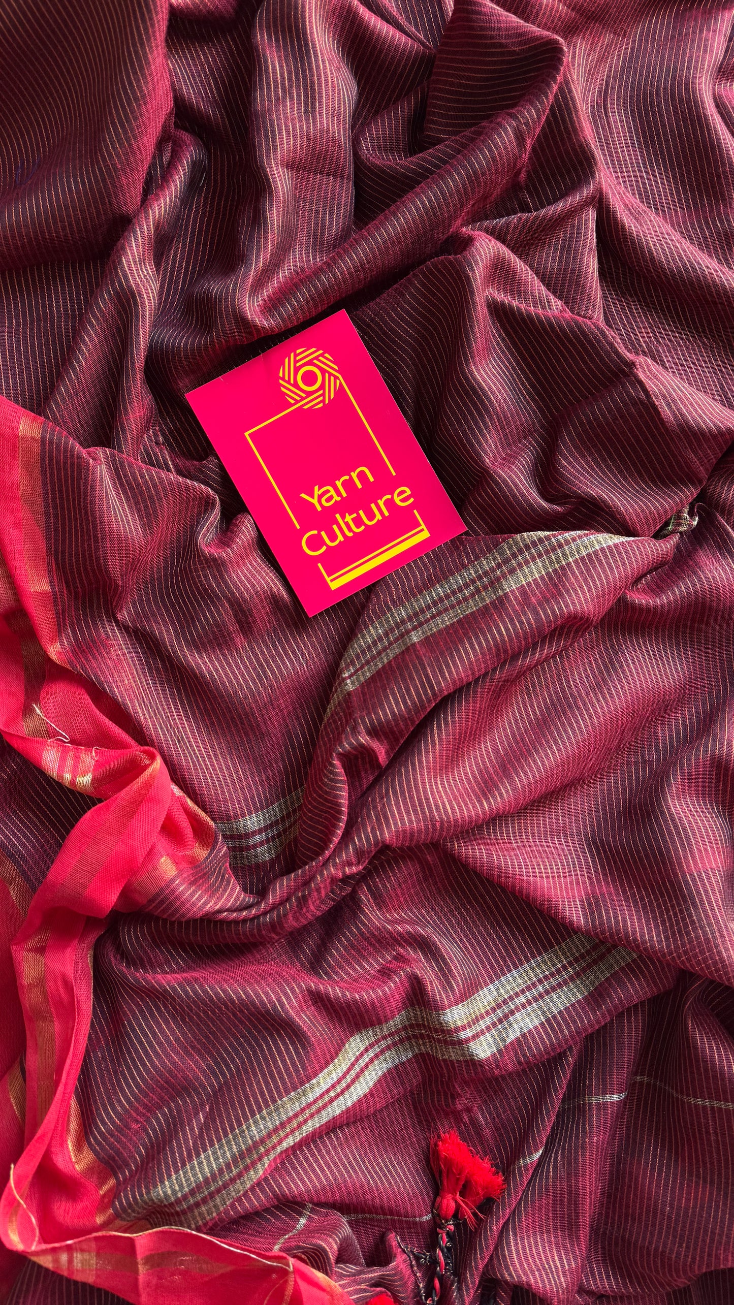 Maroon with red gap border, gold zari stripes, soft cotton - YCBCKCZDE131