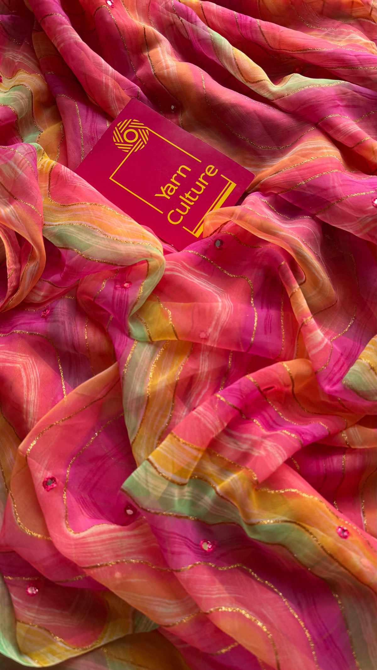 Pink multicoloured leheriya chiffon saree with mirror work  - YCTORLOC98