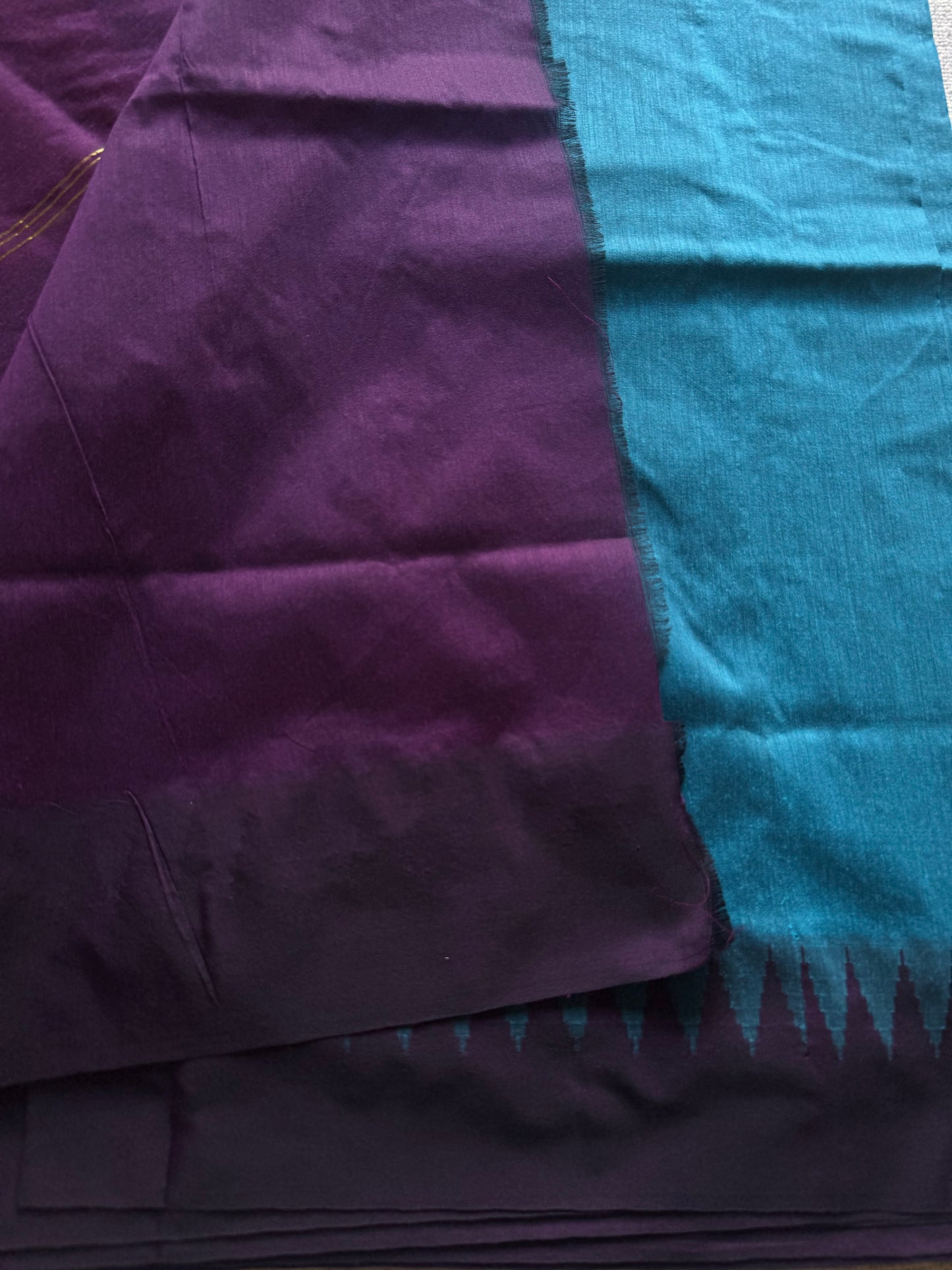 Blue with wine contrast, temple border saree, cotton silk - YCCOTNTBFE58