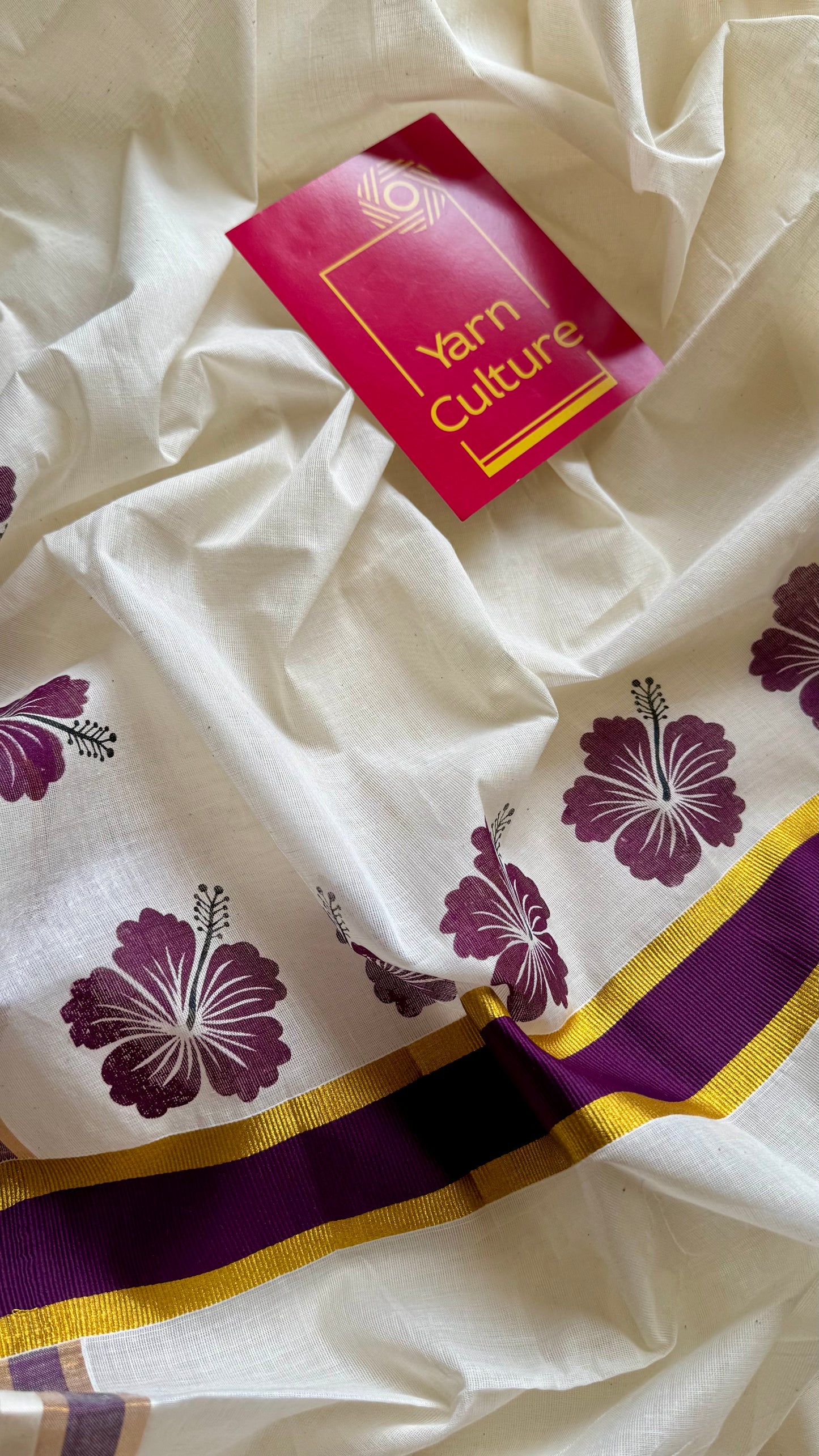 Ivory and gold soft cotton saree, wine hibiscus (chembarathi) flowers - YCIEON63