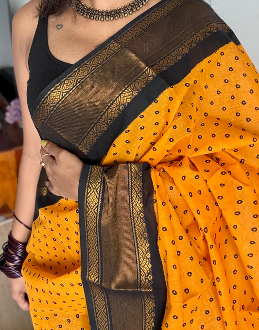 Yellow and black with antique gold zari border, kattuchayam dyed madurai cotton saree - YCCOTNMSFE93