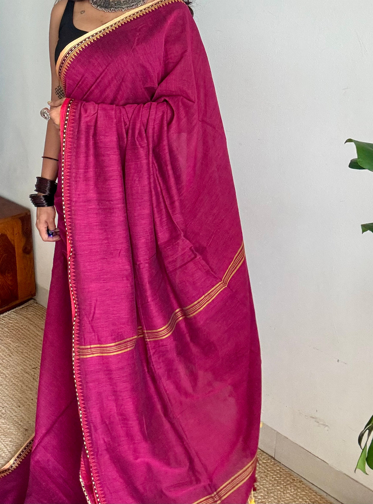 Handloom Bengal soft cotton saree, ruby with cream and red woven dual tone borders - YCBCMCSE43