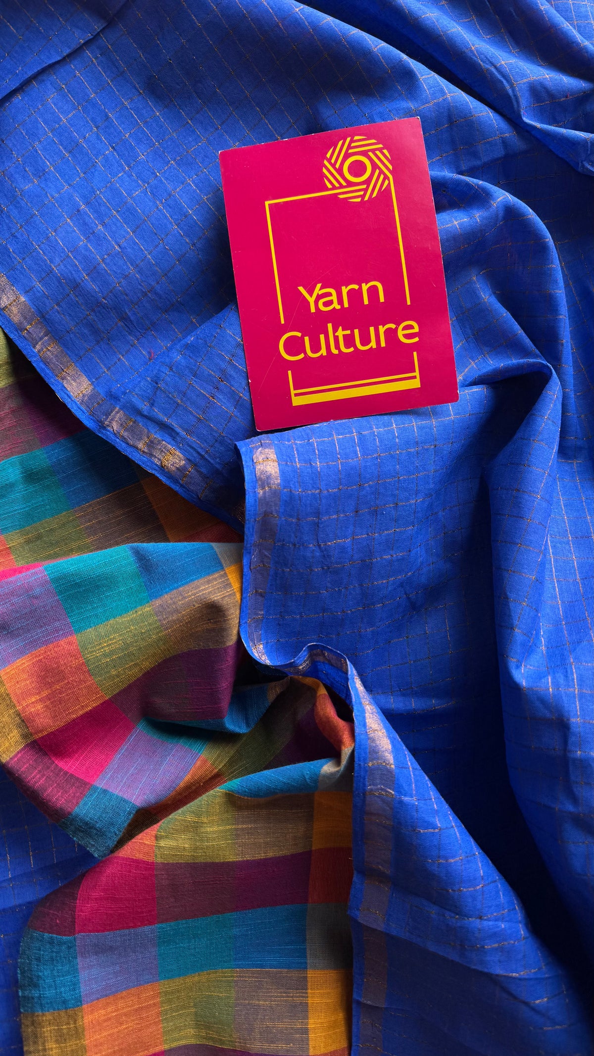 Blue with multicoloured madras checks, cotton half and half saree - YCCOTNIDOC160