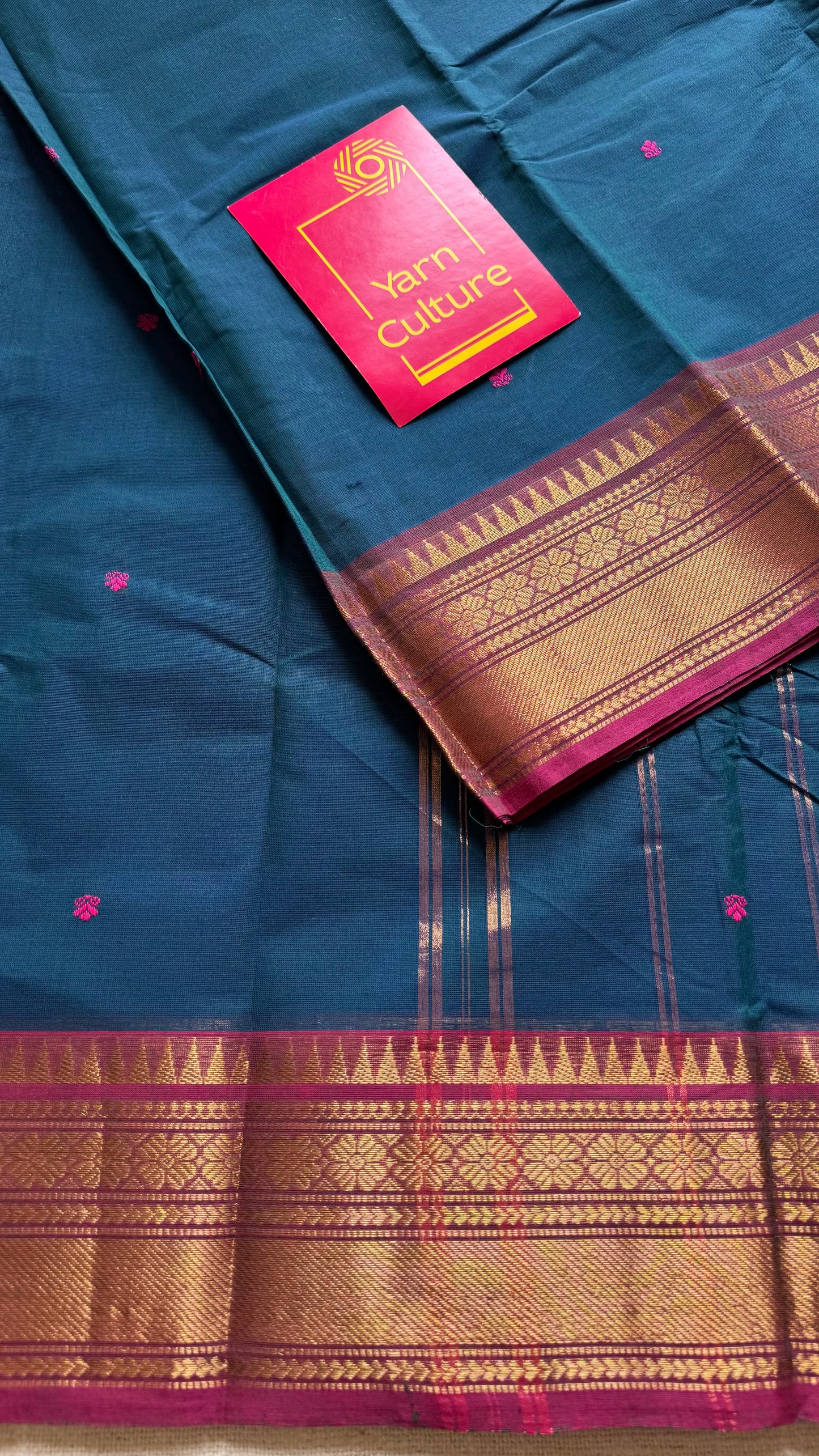 Kanchi cotton saree, peacock blue with dark pink border - YCCOTNAP86