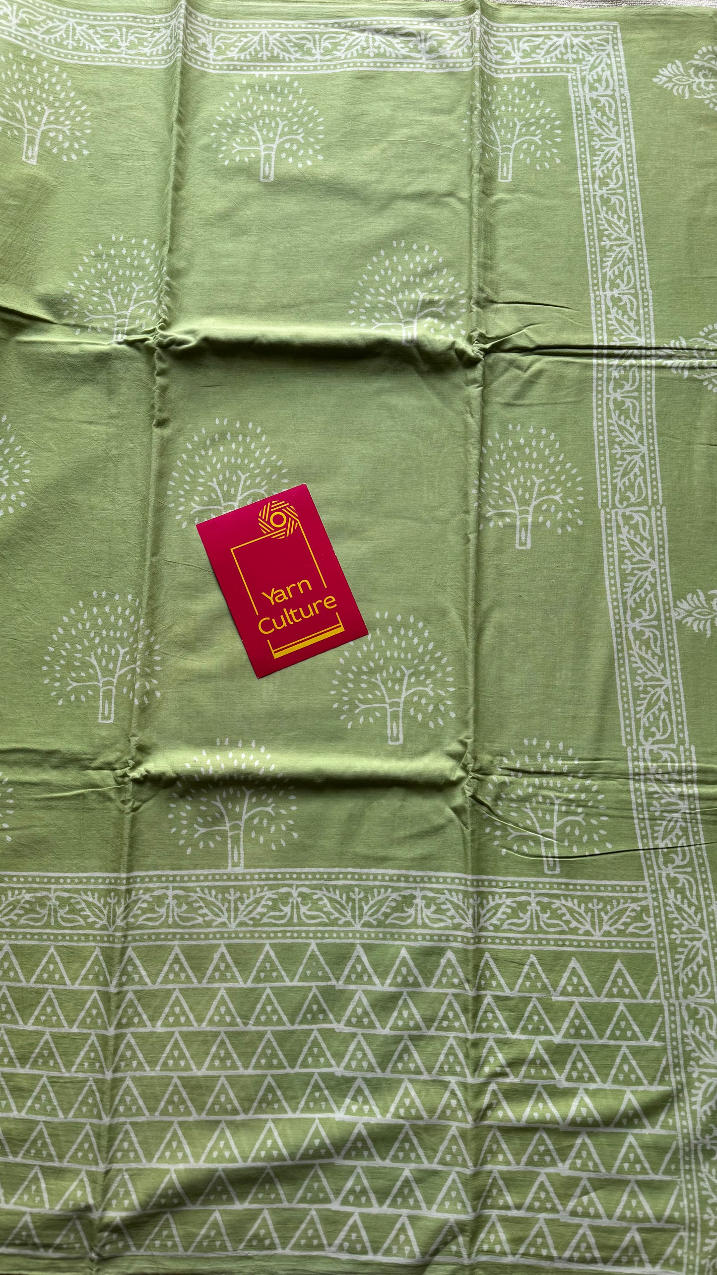 Pista green with off white tree motifs, block printed soft cotton saree - YCTORCMA19