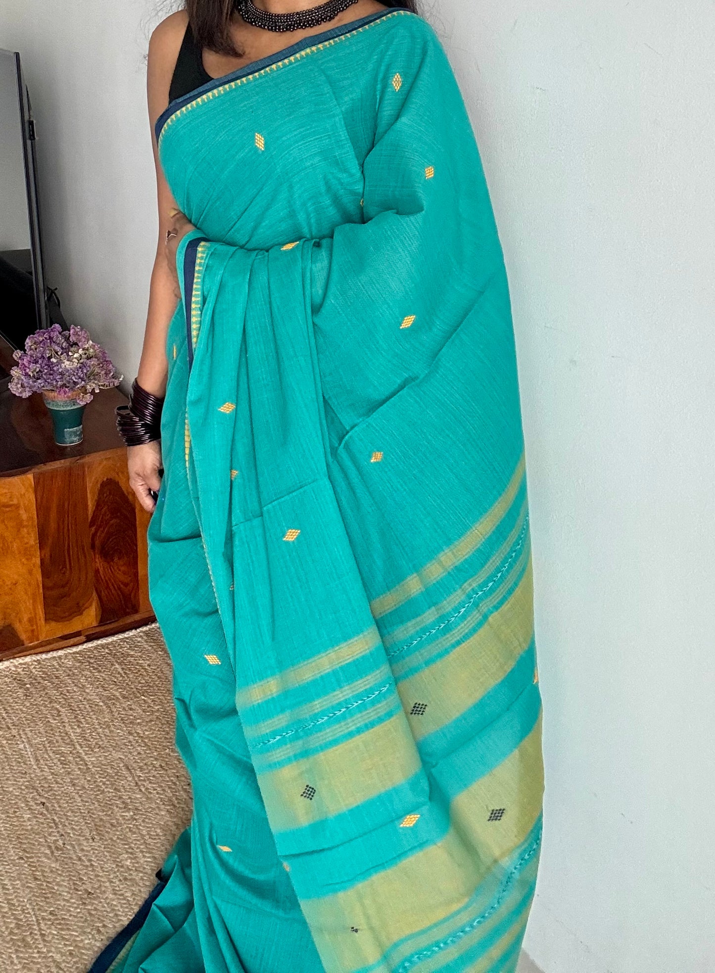 Dhonekhali handloom soft cotton saree, aqua blue with dark blue border and yellow woven buttas - YCBCDFE250